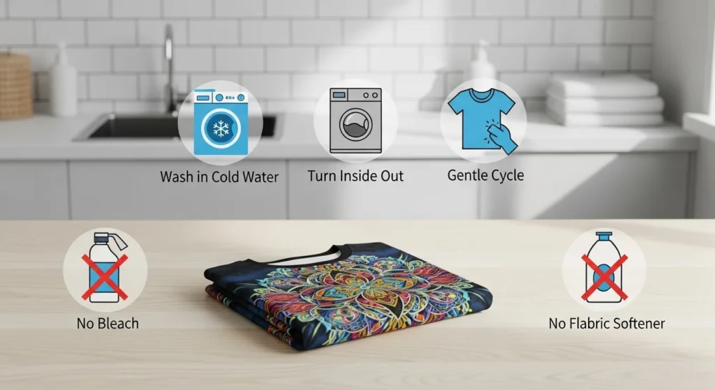 Visual guide showing cold wash, inside-out care, and no bleach for sublimated clothes