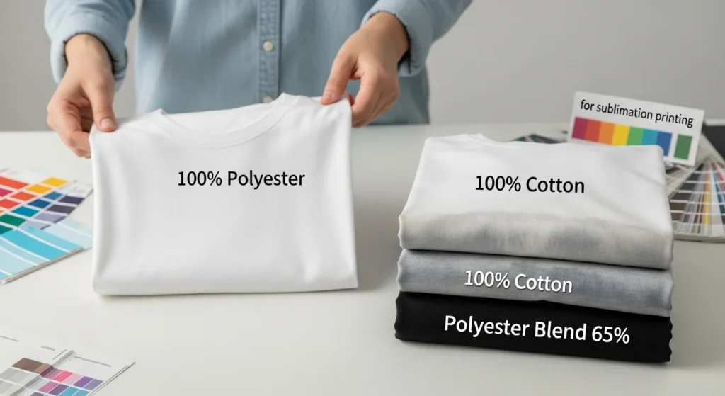 Hands inspecting a 100% polyester shirt beside dull cotton fabric to show correct sublimation material choice