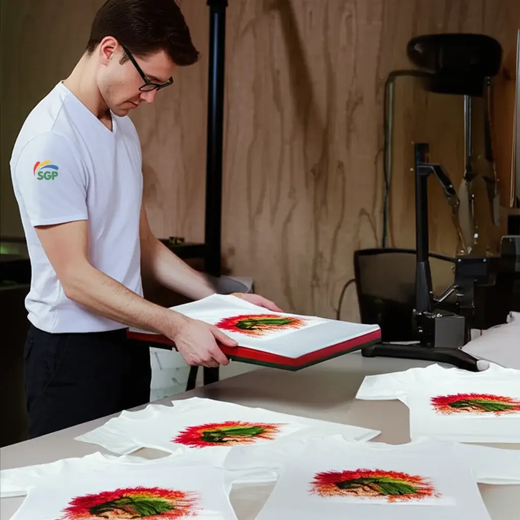 A man wearing a white shirt is doing polyester sublimation.