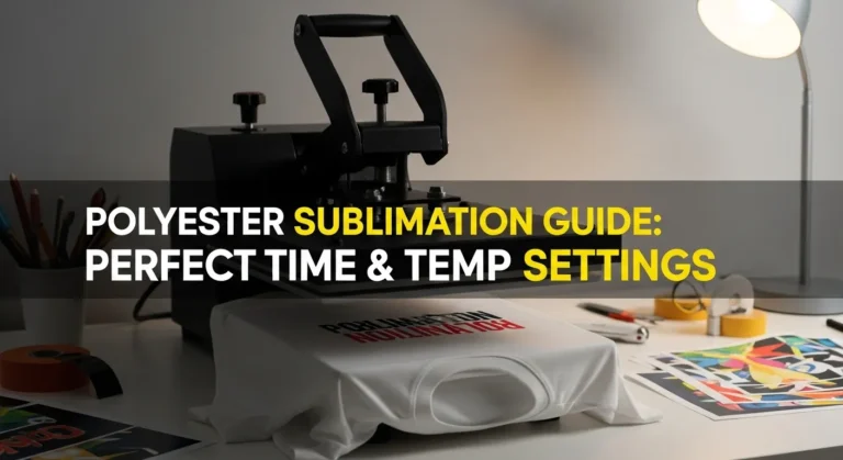 Thumbnail showing heat press and polyester shirt with bold text reading Polyester Sublimation Guide: Perfect Time & Temp Settings.