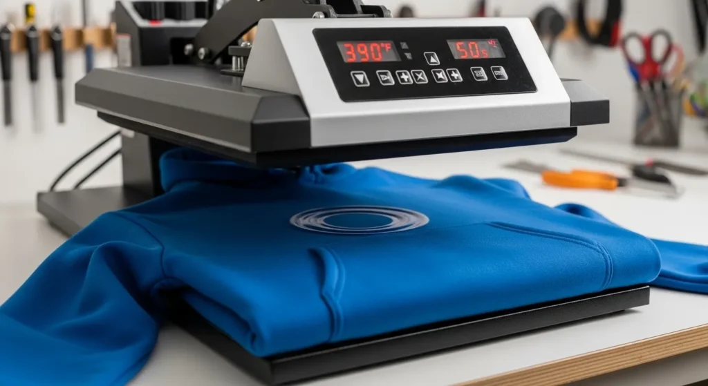 Heat press set to 390 degrees for sublimating polyester fabric