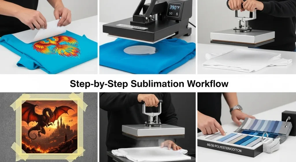 A banner visual of Step-by-Step Sublimation Workflow with text and steps.