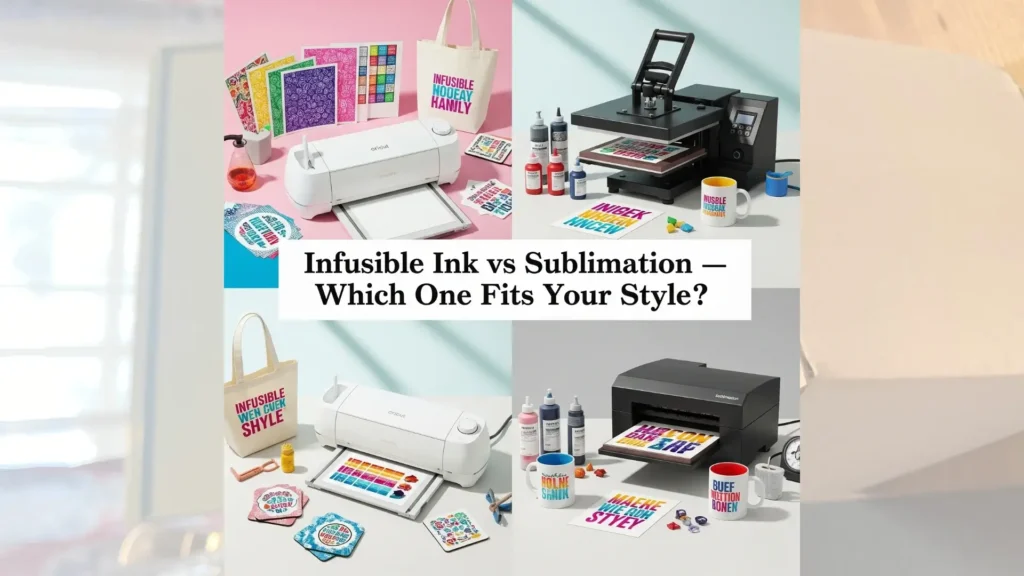 A split-scene image comparing Infusible Ink and sublimation setups. One side shows a Cricut machine with Infusible Ink sheets and colorful crafts. The other side features a sublimation setup with a heat press, printer, ink bottles, and custom mugs.