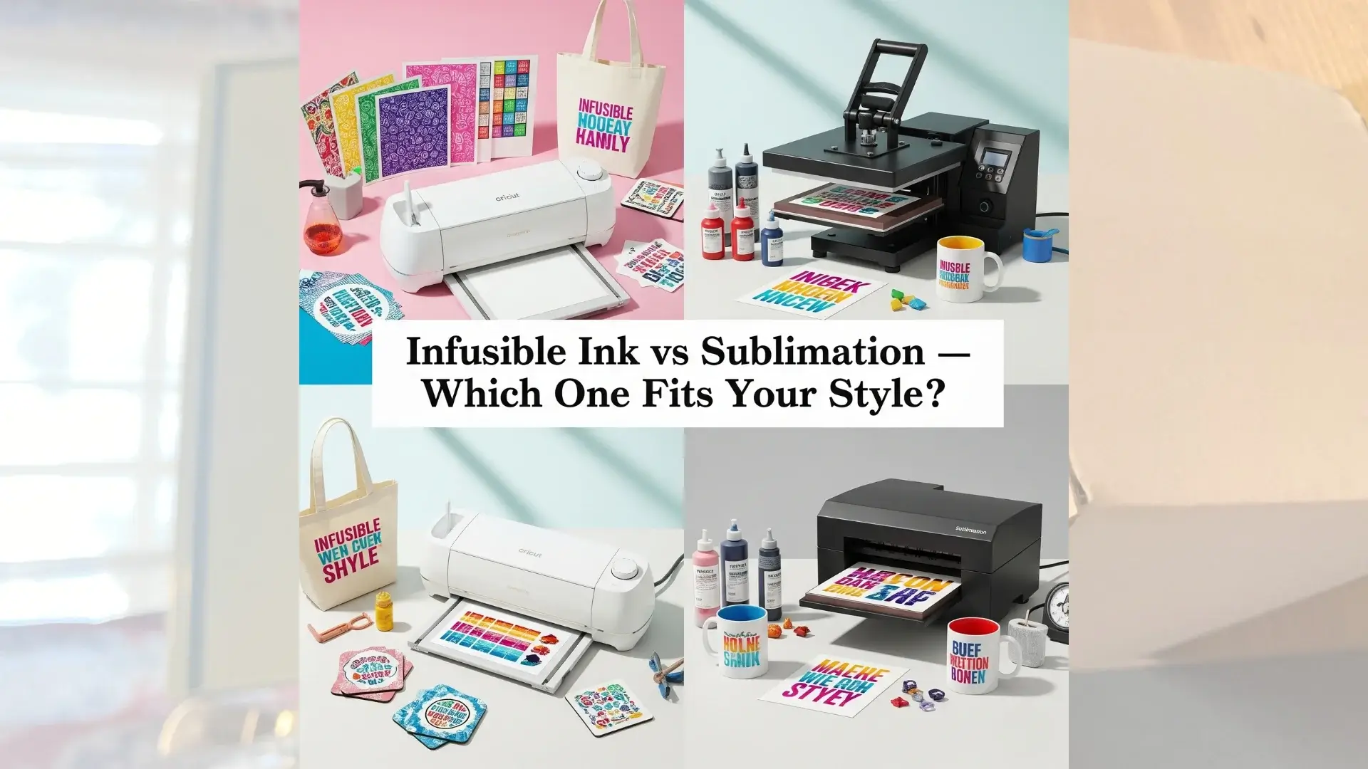 A split-scene image comparing Infusible Ink and sublimation setups. One side shows a Cricut machine with Infusible Ink sheets and colorful crafts. The other side features a sublimation setup with a heat press, printer, ink bottles, and custom mugs.