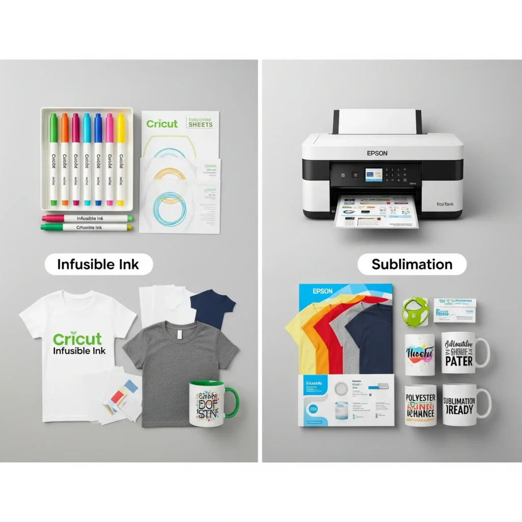 A side-by-side flat lay of Infusible Ink tools (Cricut pens, transfer sheets, certified blanks) and Sublimation tools (Epson EcoTank printer, sublimation paper, polyester shirts, mugs) on a neutral background.
