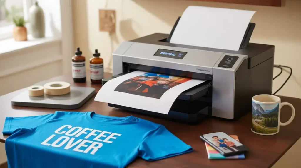 A full setup of sublimation printing with printed blue shirt, mug and inks re filler on a table.
