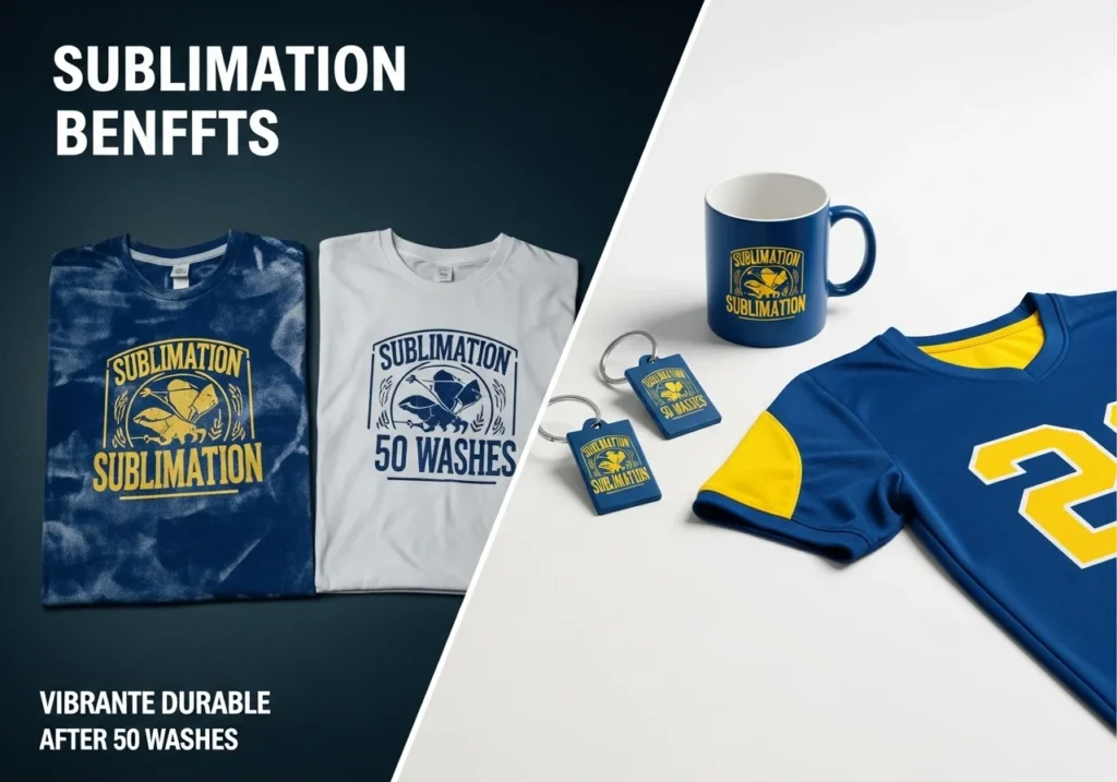 Split view of a durable sublimated shirt vs. faded print, and versatile mug, keychain, jersey with vivid colors on a clean background.