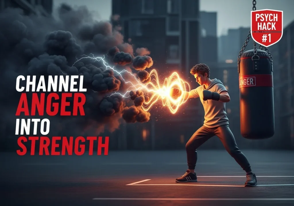 Boxer sublimating anger into workout energy, dark-to-light transformation effect.