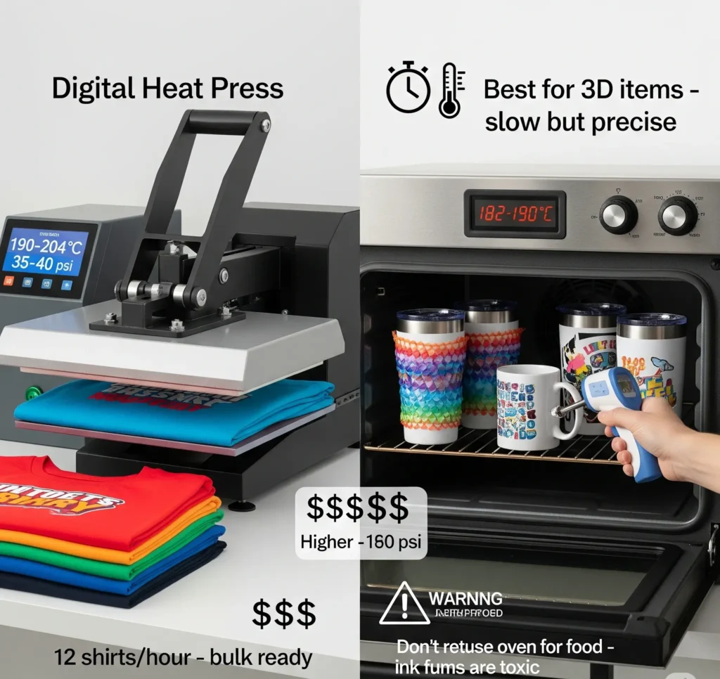 A comparison of Oven vs Heat Press with text info.