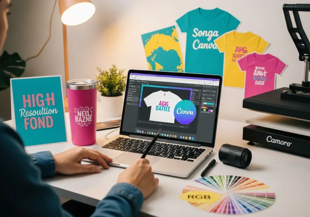 Person designing on a laptop with Canva, surrounded by sublimation samples like a shirt and tumbler in a cozy, lit workspace.