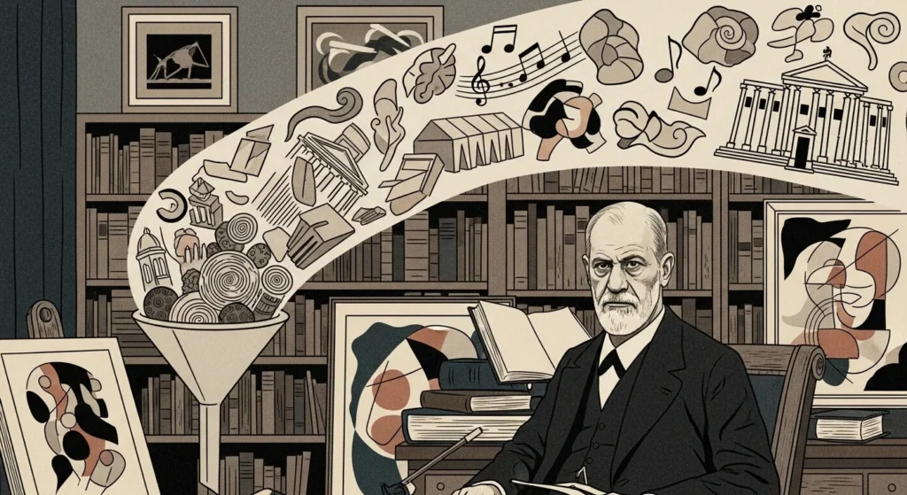 Vintage-style illustration of Freud in a classical study with chaotic human impulses transforming into art, music, books, and architecture, depicting sublimation as described in Civilization and Its Discontents.