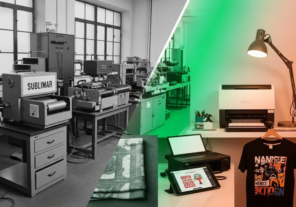 Timeline scene from a 1950s lab with vintage equipment to a modern workshop with a printer and t-shirt, blending sepia and green tones.