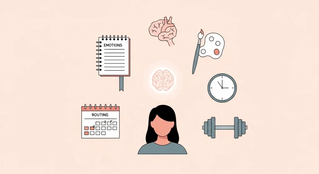 Person surrounded by icons symbolizing creative outlets, routines, and emotional release; visualizing sublimation in everyday life.