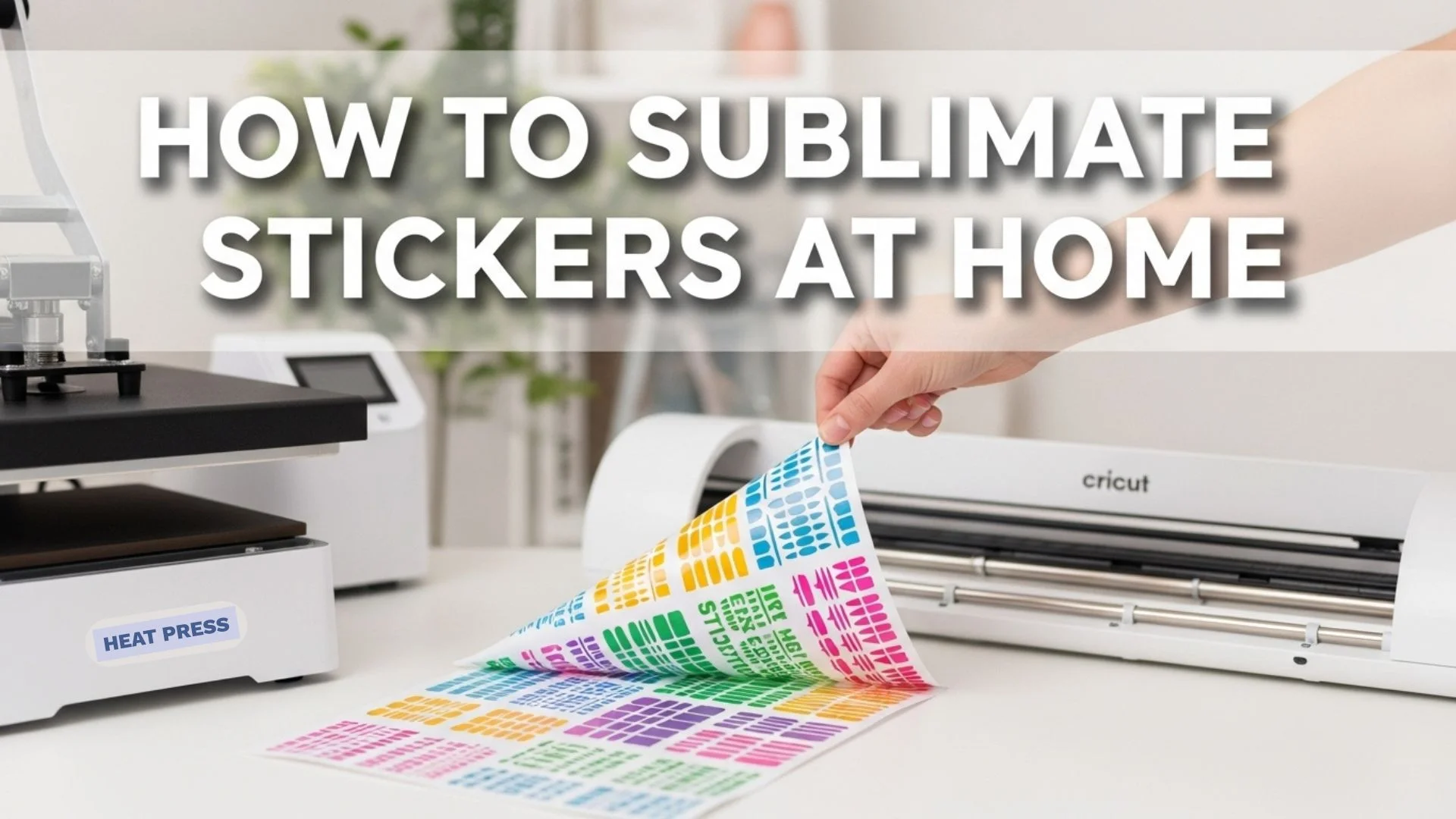 Feature image with bold text ‘How to Sublimate Stickers at Home’ above a bright DIY craft setup with a heat press, Cricut cutter, and sublimation stickers.