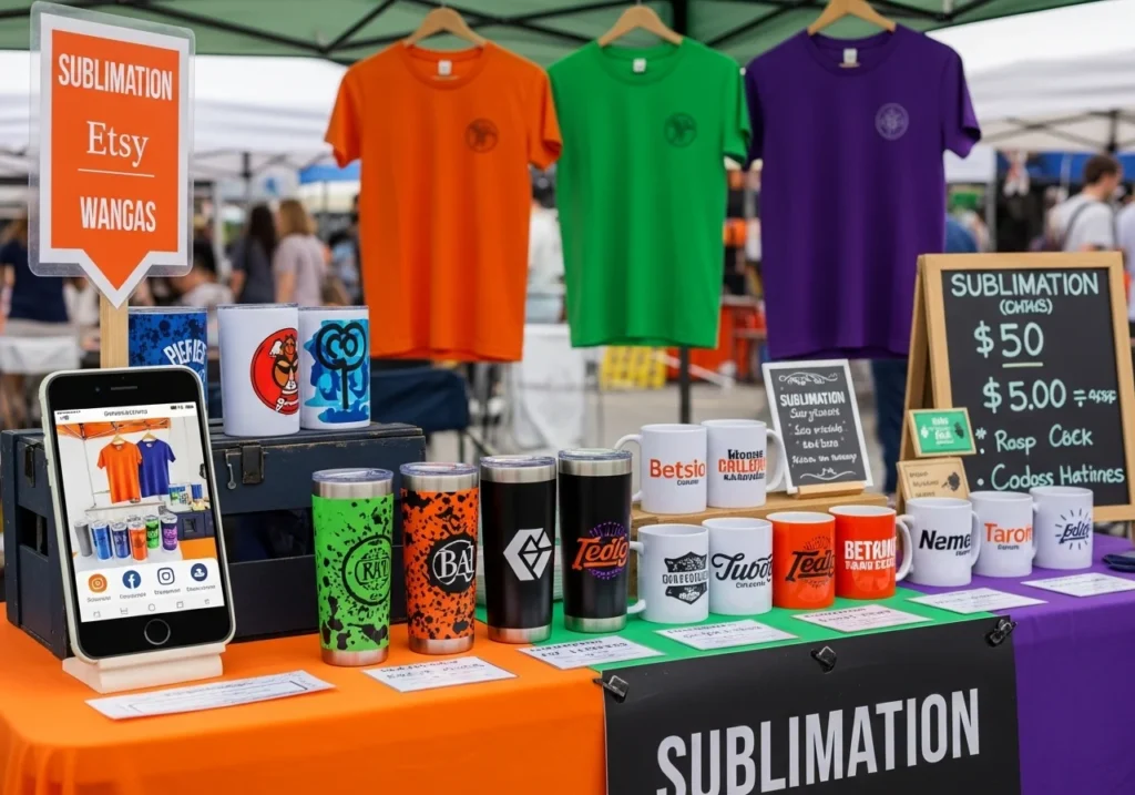 Market stall with t-shirts, tumblers, and mugs, a smartphone showing an Etsy shop, and social media icons in a colorful outdoor setting.