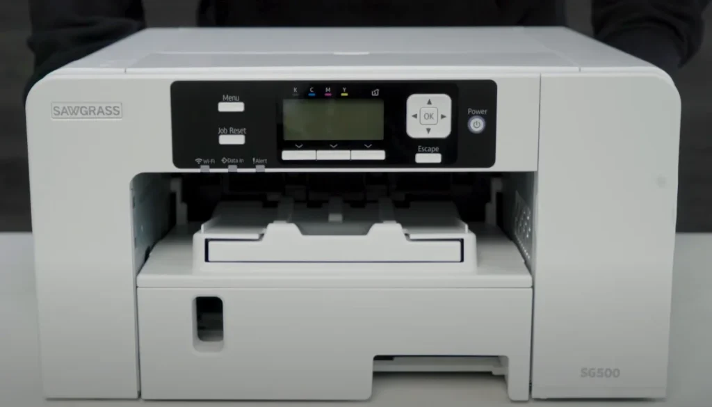 A Sawgrass SG500 sublimation printer on a table.