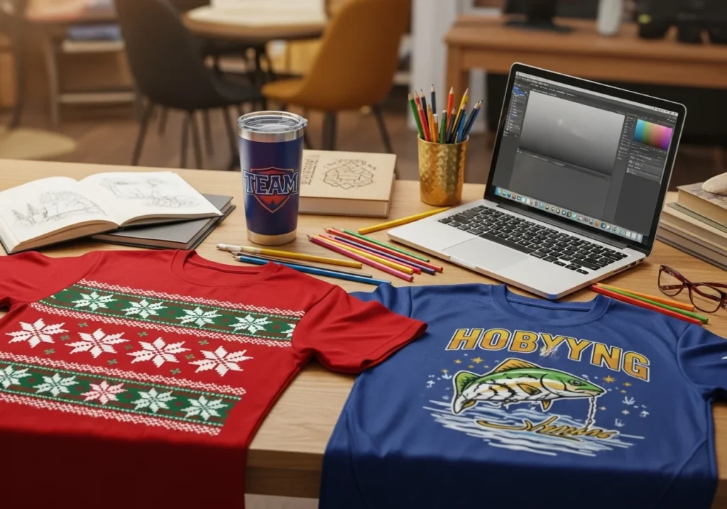 Studio table with a t-shirt, tumbler, and jersey featuring seasonal and hobby designs, surrounded by sketchbooks and a laptop.