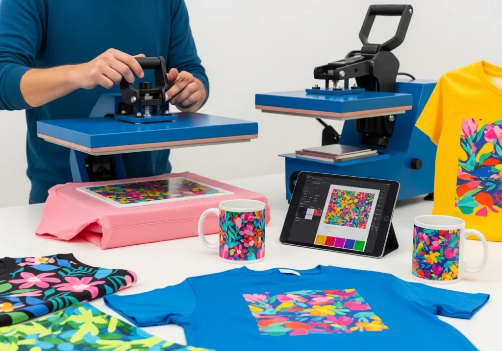 Person using a heat press to apply vibrant sublimation designs on a t-shirt and mug, with a digital tablet and colorful prints in a bright workshop.