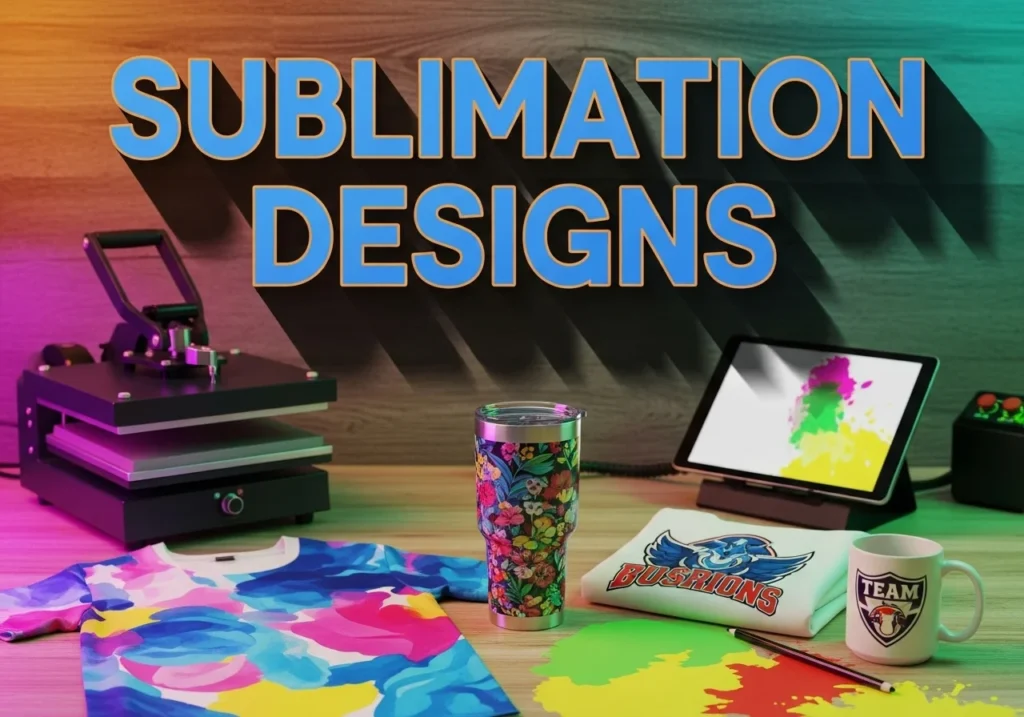 Bold 'Sublimation Designs' title with shadow effect above a table of vibrant t-shirts, tumblers, and mugs in a modern workshop.