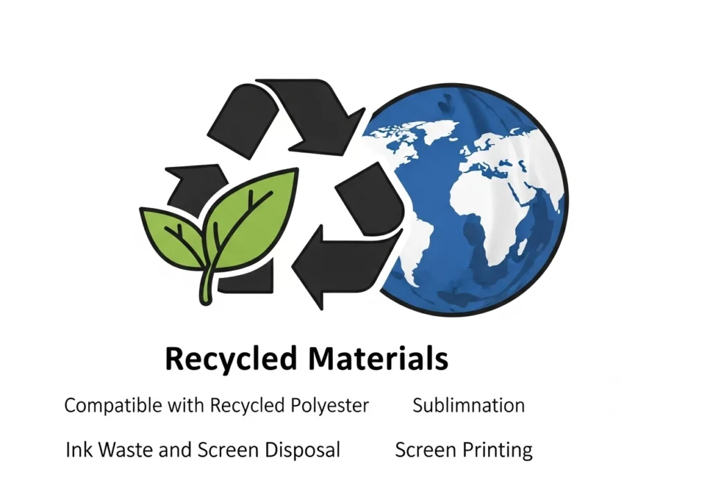 Eco-friendly comparison chart showing sublimation printing's lower water usage and waste vs screen printing and DTG methods