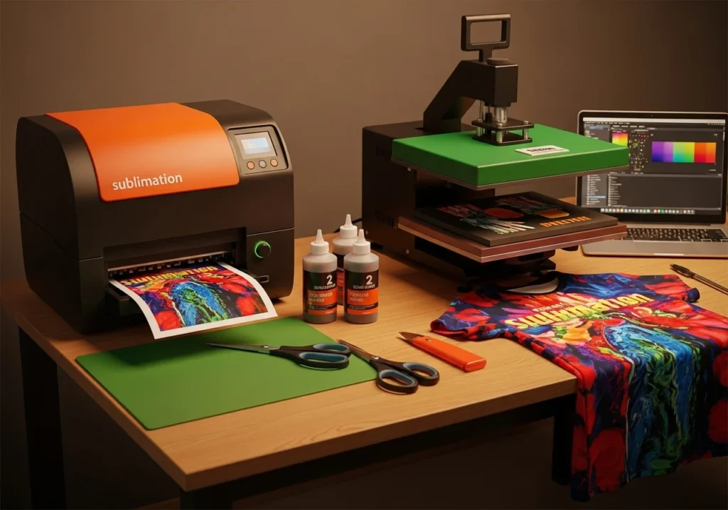 Workspace with a sublimation printer, heat press, and ink bottles, printing a colorful shirt design on paper in a warm-toned workshop."