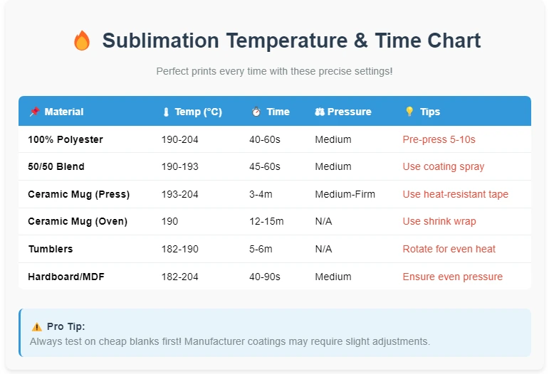 A chart of sublimation temperature and time setting.