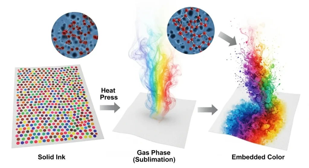Diagram of sublimation process showing heat and ink gas bonding to polyester fibers.