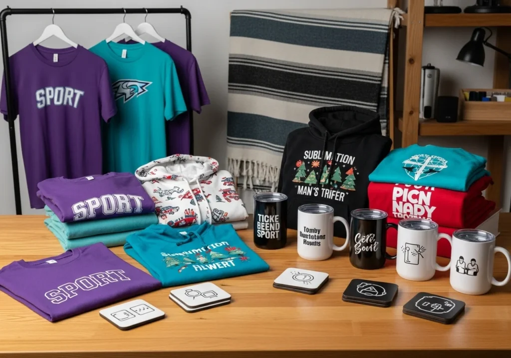 Table display of sublimation products: t-shirts, hoodies, mugs, tumblers, and coasters with vibrant patterns in a lively workshop.