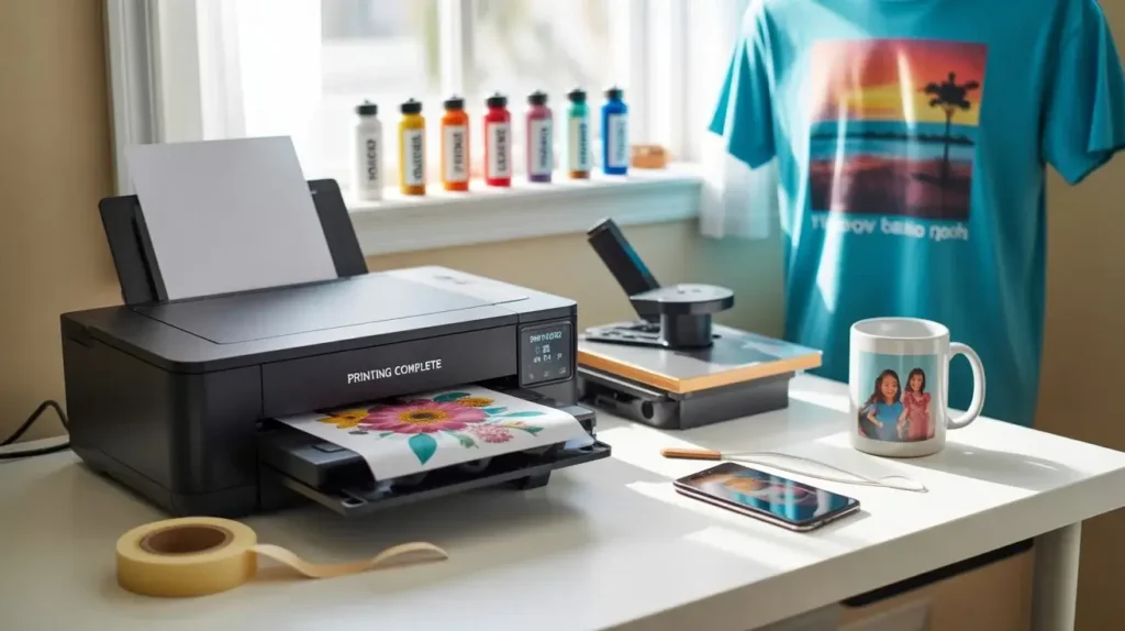 A sublimation printer with blue t-shirt hang with design and all other tools that use for it.