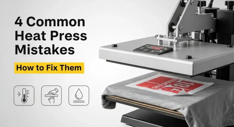 Thumbnail with bold text '4 Common Heat Press Mistakes' and subtext 'How to Fix Them' over an image of a heat press and printing errors.