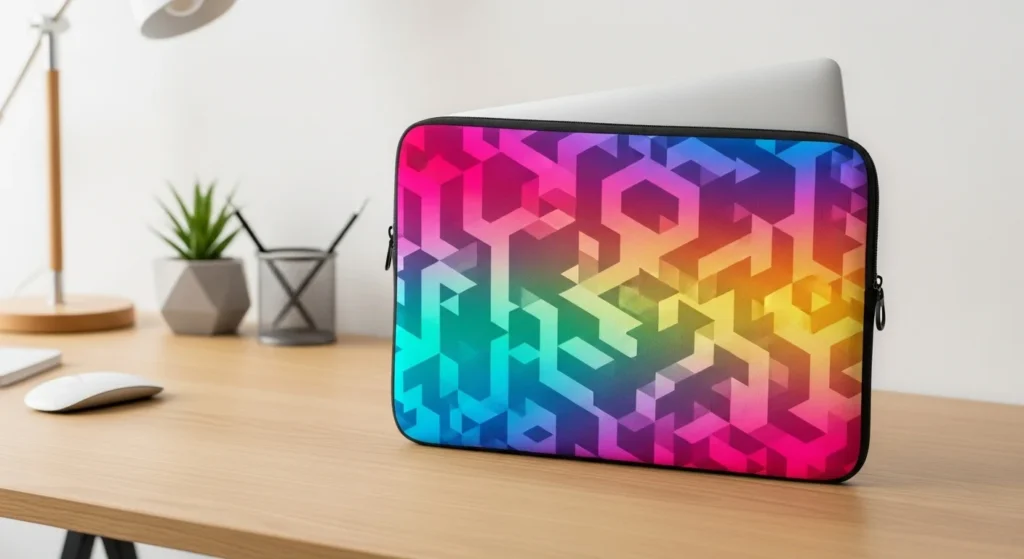 Abstract gradient sublimation laptop sleeve on desk.