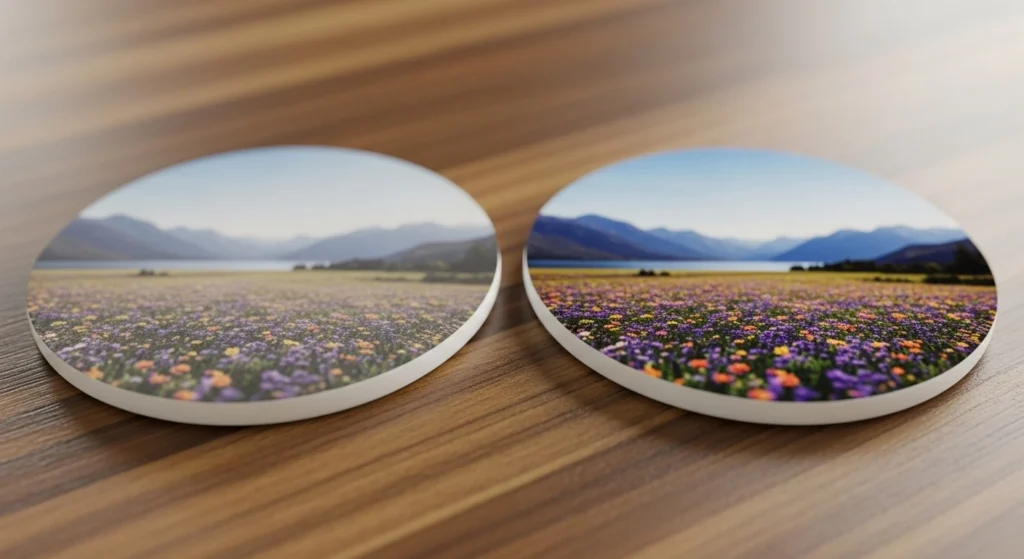 Blurry sublimation print compared to sharp image on Polycrylic surface.