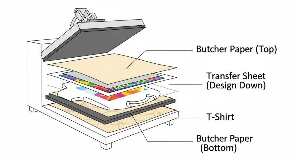 Butcher paper layered around sublimation design to protect heat press.