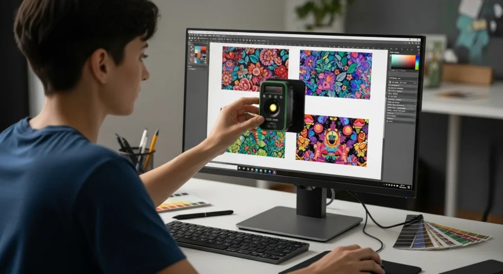Designer calibrating monitor for accurate sublimation color matching.