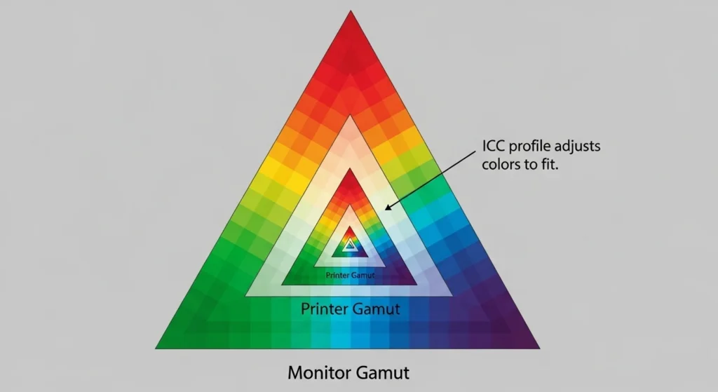 Color gamut chart showing how ICC profiles help match screen colors to printer limitations.