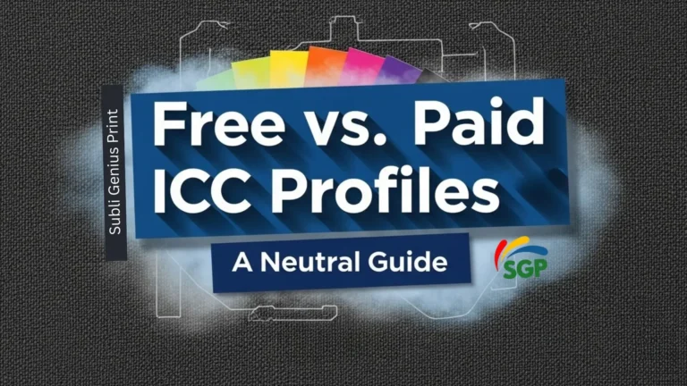 Sublimation-themed thumbnail: Bold shadowed text 'Free vs. Paid ICC Profiles' over color swatches and heat press outline. Subheading 'A Neutral Guide' below. Fabric texture background.