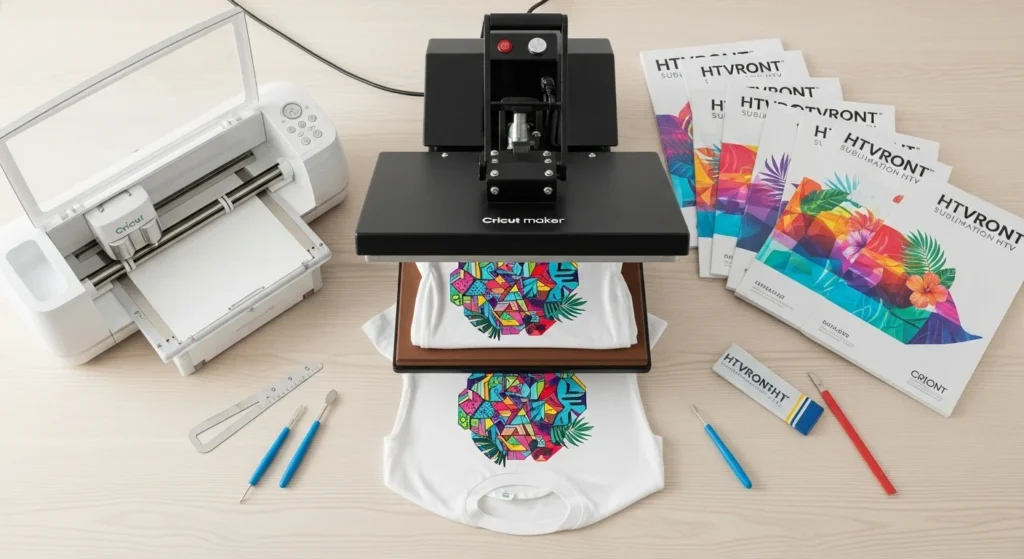 HTVRONT sublimation HTV applied to a cotton shirt with Cricut and heat press setup.