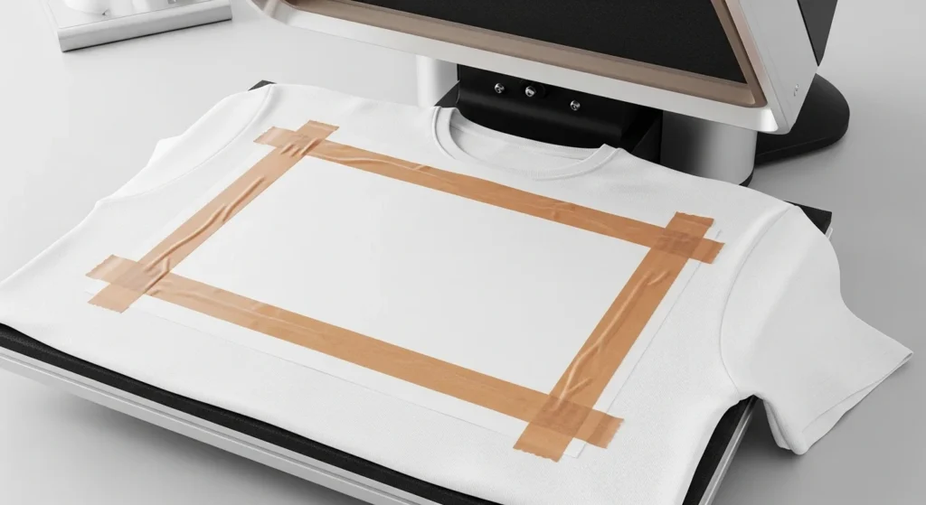 Heat-resistant tape holding sublimation paper in place on fabric before pressing.