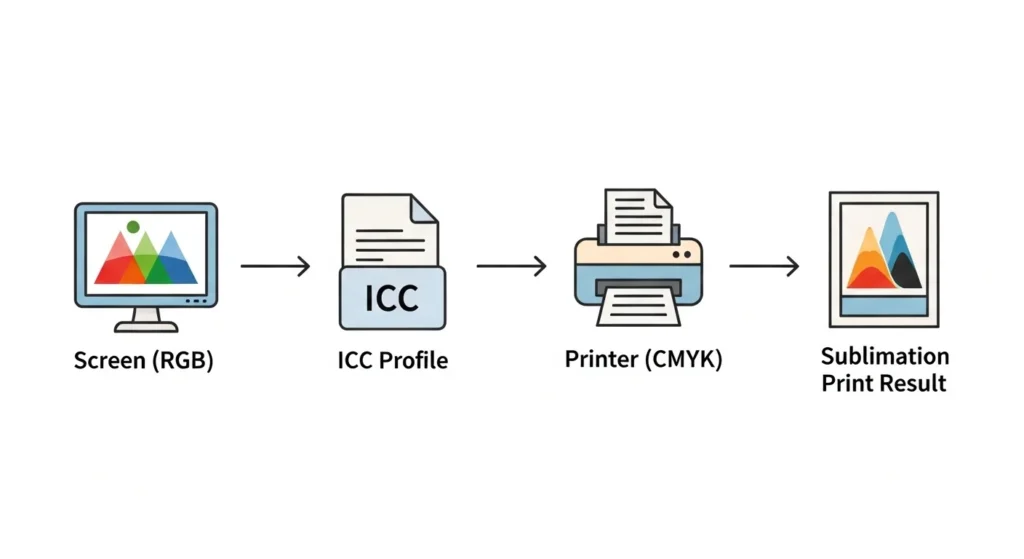 Color conversion diagram showing how ICC profiles control printing accuracy from screen to sublimation output.