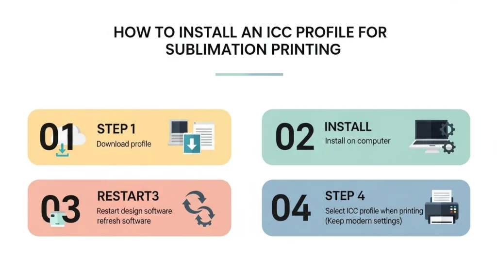 Step-by-step visual guide showing how to install and apply an ICC profile in sublimation printing.