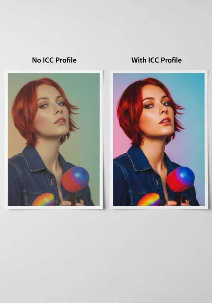 Before-and-after sublimation prints showing color difference with and without ICC profile.