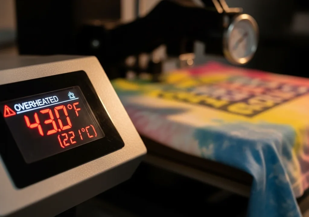 Close-up of a heat press showing overheating at 430°F with a faded sublimation t-shirt beside it.