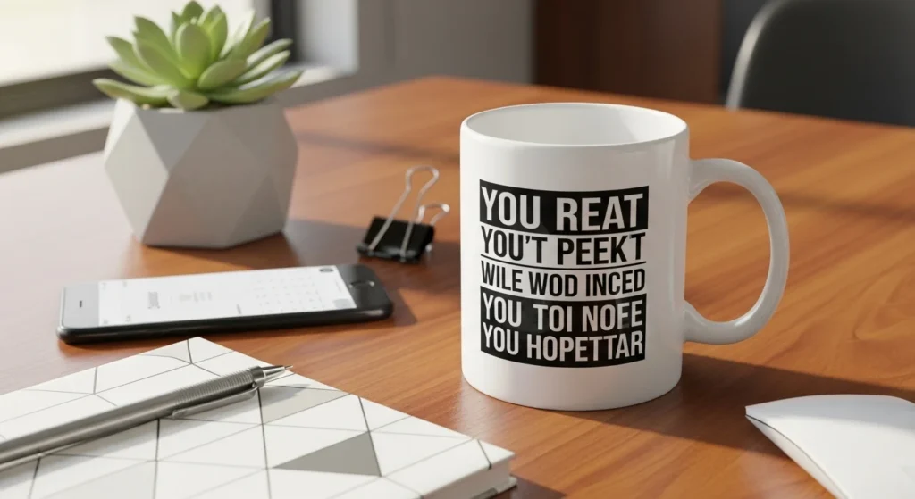 Sublimation mug with motivational quote on desk.