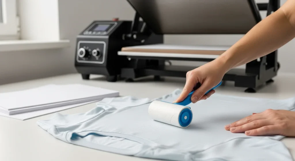 Lint roller removing fibers from polyester shirt before sublimation.