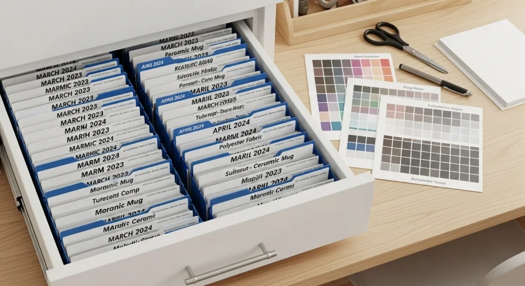 Laminated sublimation color charts stored in labeled folders for reference.