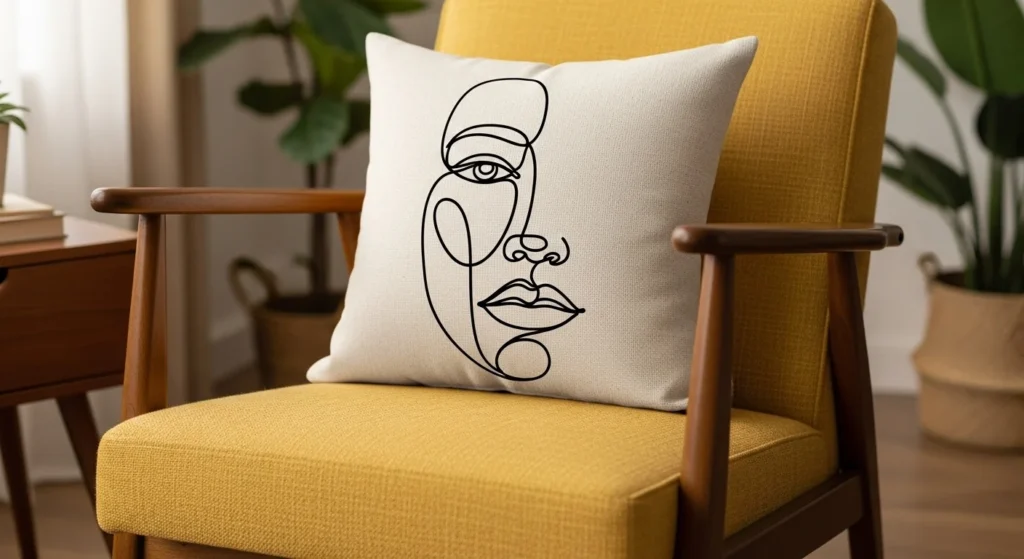 Minimalist line art sublimation pillow cover on chair.