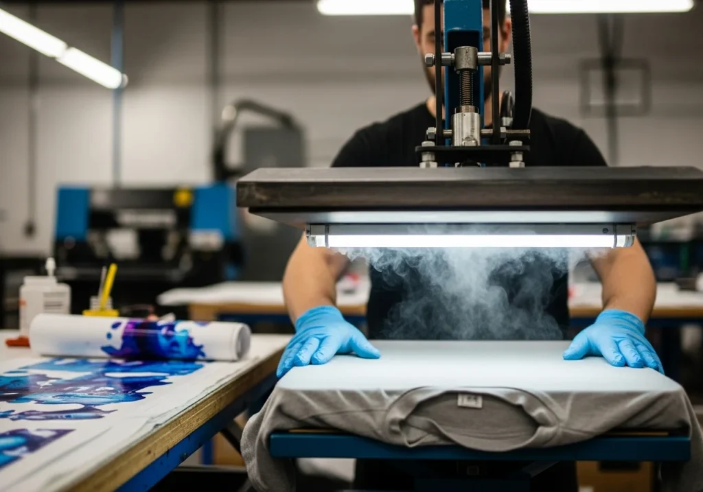 Steam rises from a t-shirt during pre-pressing, and damp sublimation paper shows ink blur and curling.