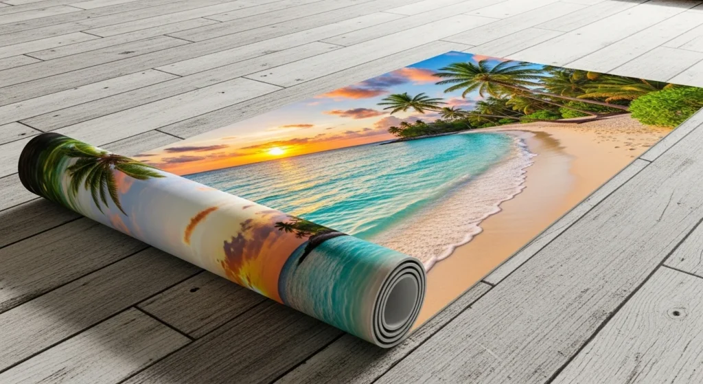 Beach scene sublimation yoga mat on floor.