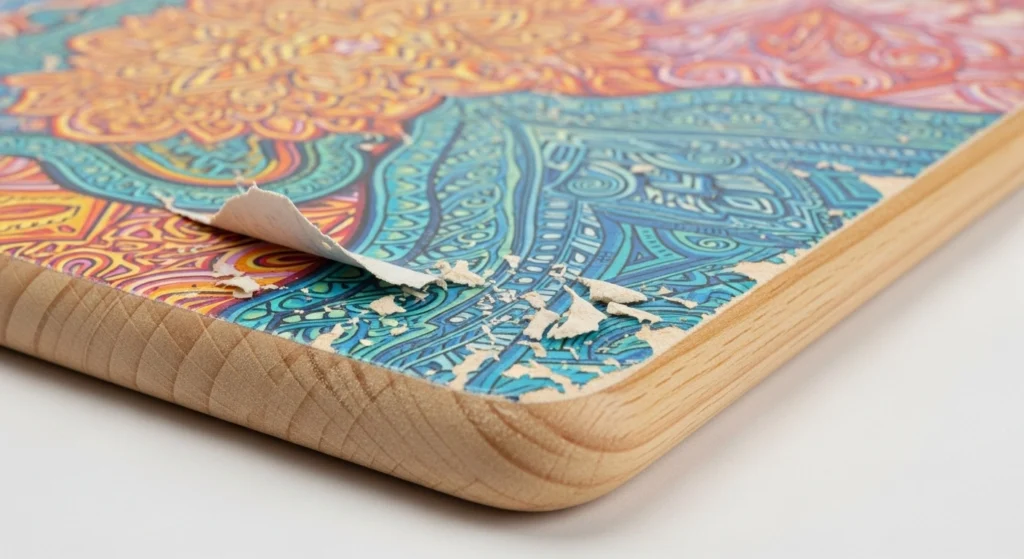 Peeling sublimation design on Polycrylic-coated wood.