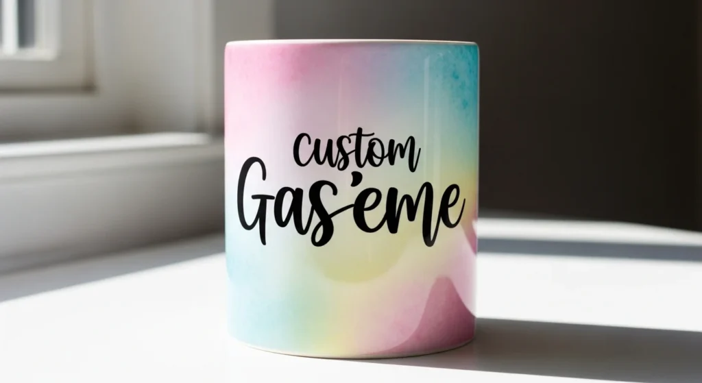 Custom name sublimation mug with pastel background.